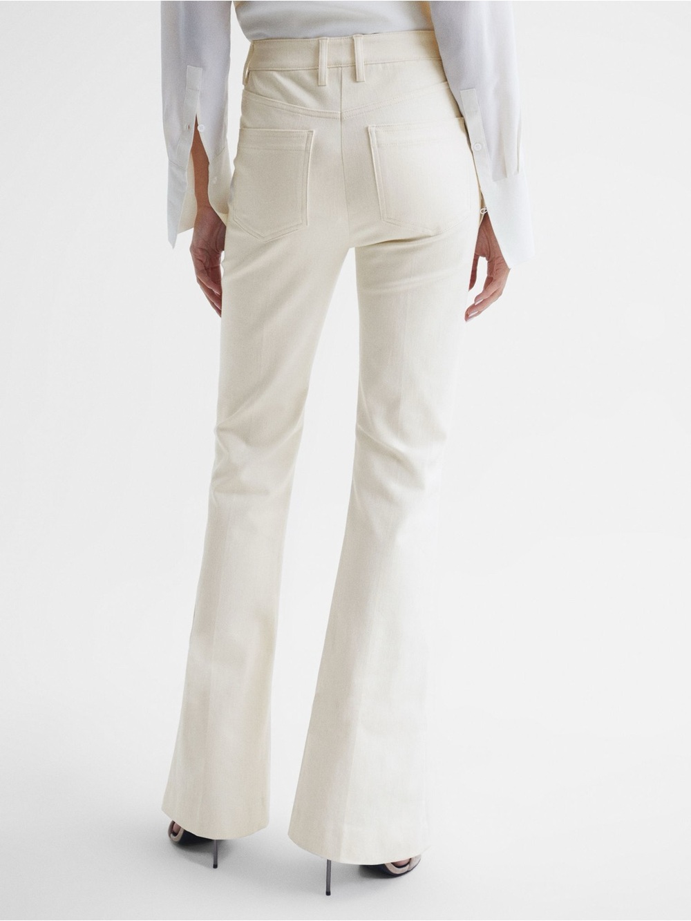 REISS Florence High Rise Flared Trousers in Cream - Picture 2 of 10
